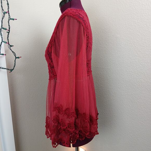 Sorrento Red Sheer Lace Top L blouse tunic swim cover boho lightweight summer - Picture 4 of 15